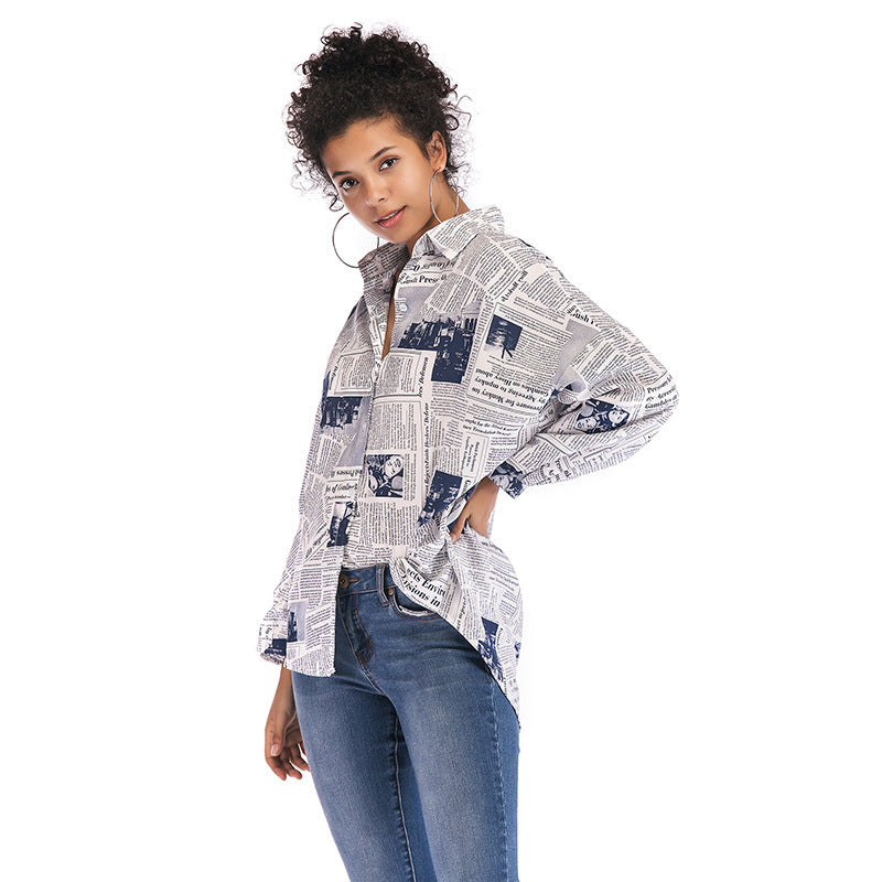 Hot Long-Sleeved Newspaper Letter Printed Shirt Women's Design Sense Niche Women's Wear
