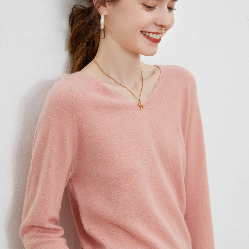 Women's 100 Wool Base Sweater V-Neck Knitted Loose Cashmere Sweater Slimming Autumn And Winter Top