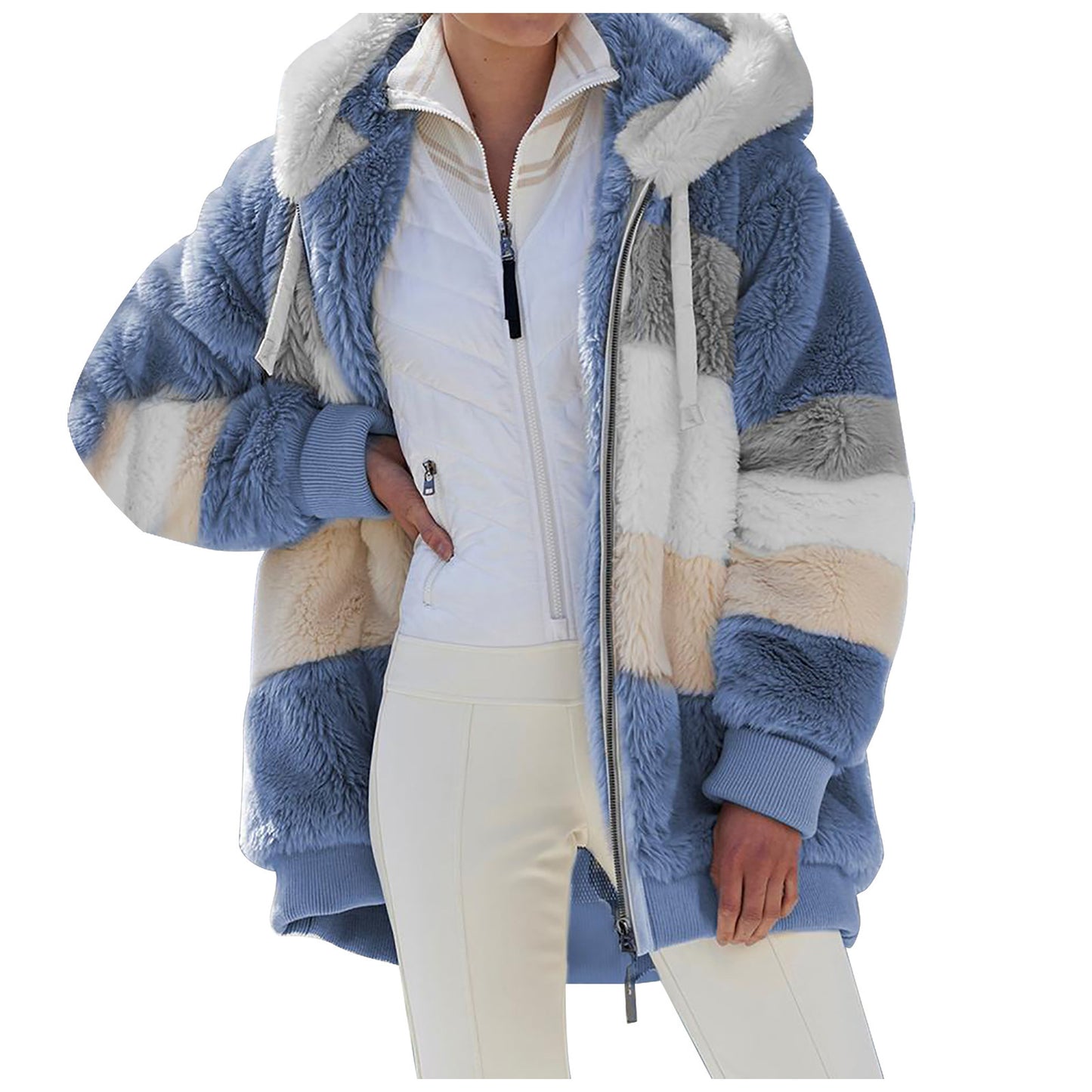 Autumn/Winter Warm Plush Patchwork Zipper Pocket Hooded Loose Coat For Women