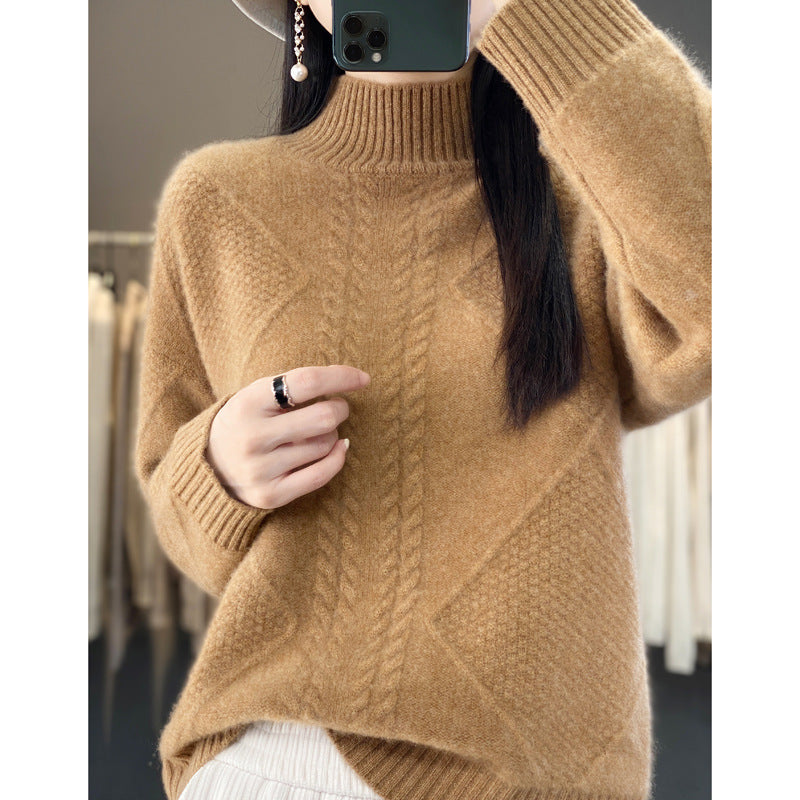 Diamond Twist Thickened Half Turtleneck 100 Woolen Sweater Women's Loose Pullover Long-Sleeved Base Sweater
