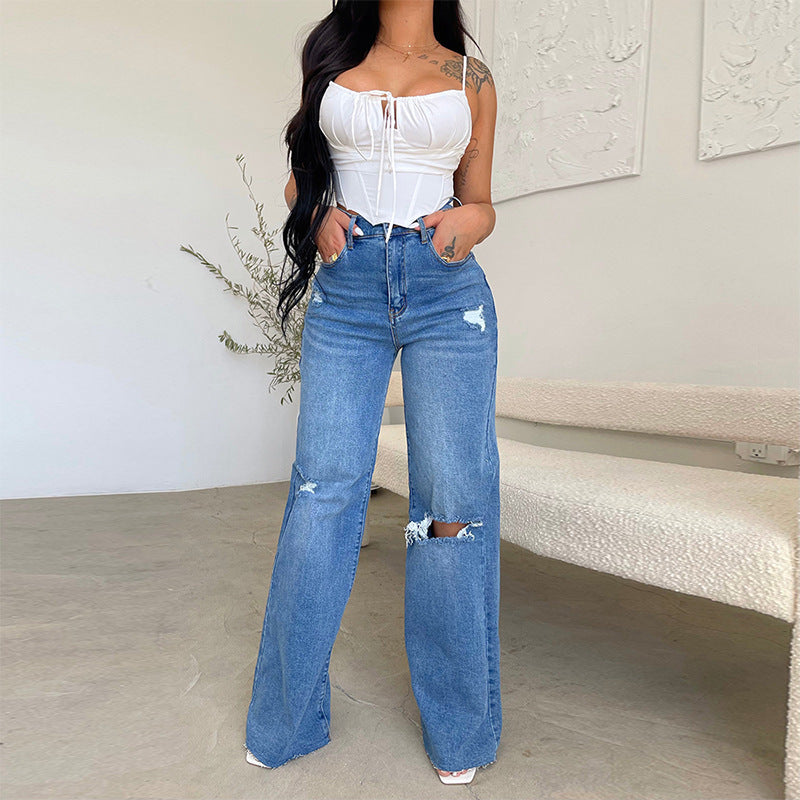 Women's Jeans Long, High-Waisted And Frayed Comfortable Wide-Leg Pants