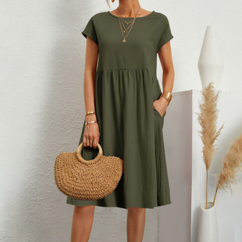 Fashion Ol Quality Women's Solid Color Cotton Linen Round Neck Set A-Line Skirt Dress
