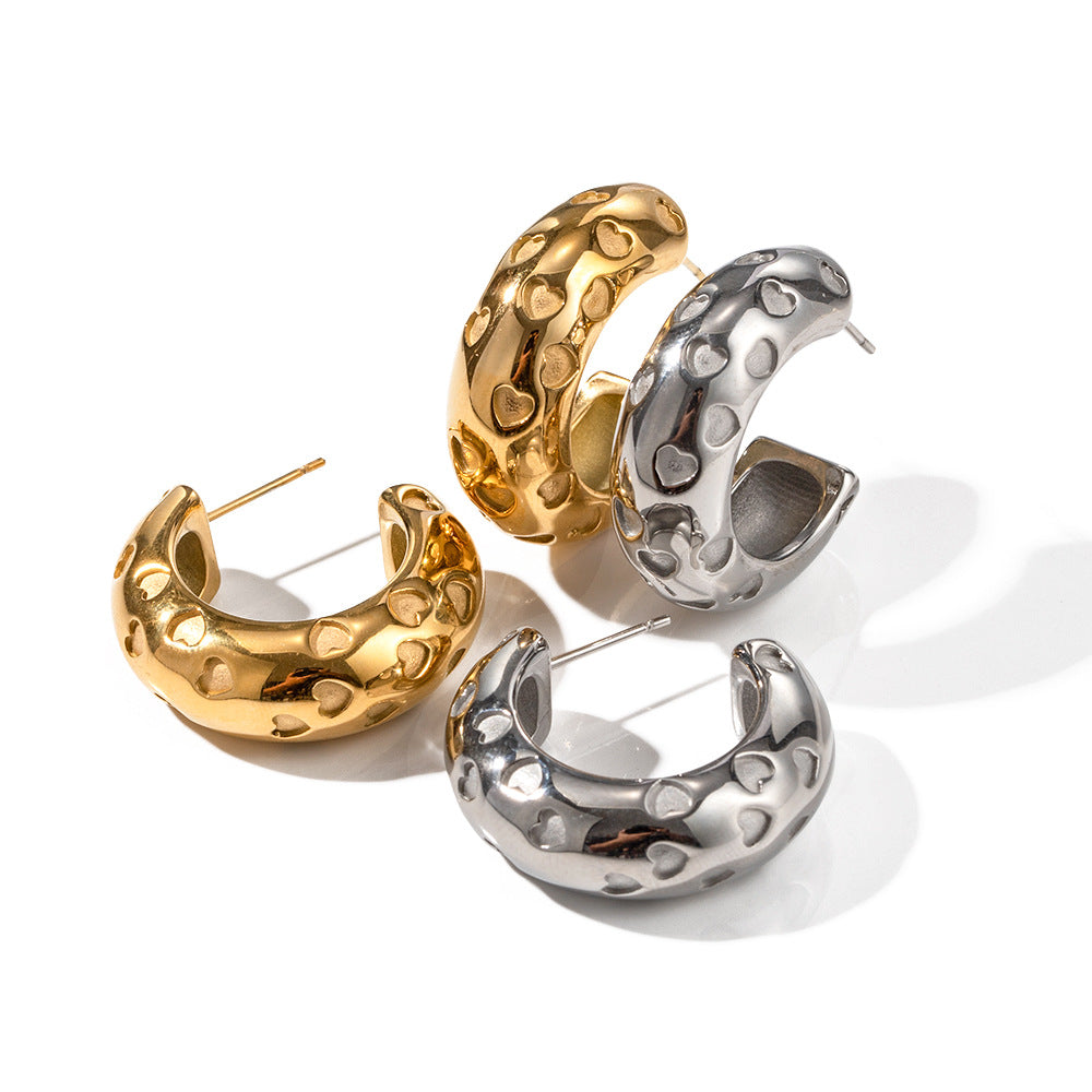 5pcs 18K Pure Gold Stainless Steel Thick Cylindrical Hollow Love Earrings Do Not Fade Jewelry