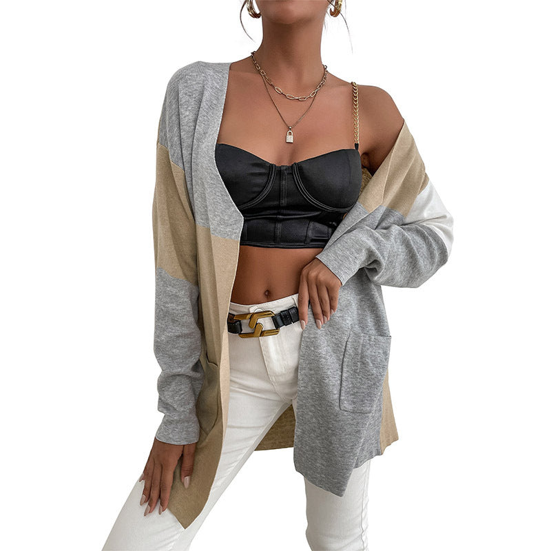 Chic Autumn and Winter Knitted Long Sleeve Color Sweater Cardigan for Women