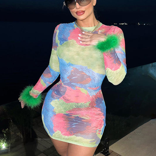 Autumn And Winter New Women's Print Slim Round Neck Long Sleeve Dress Splicing Hairy Skirt High Fanny Pack Bottom Skirt