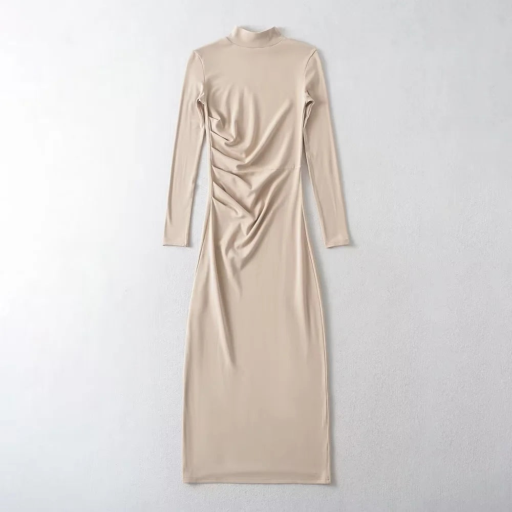 Female New Spring New Sexy Spice Girl Pure Wind Half High Neck Long Sleeve Pleated Dress