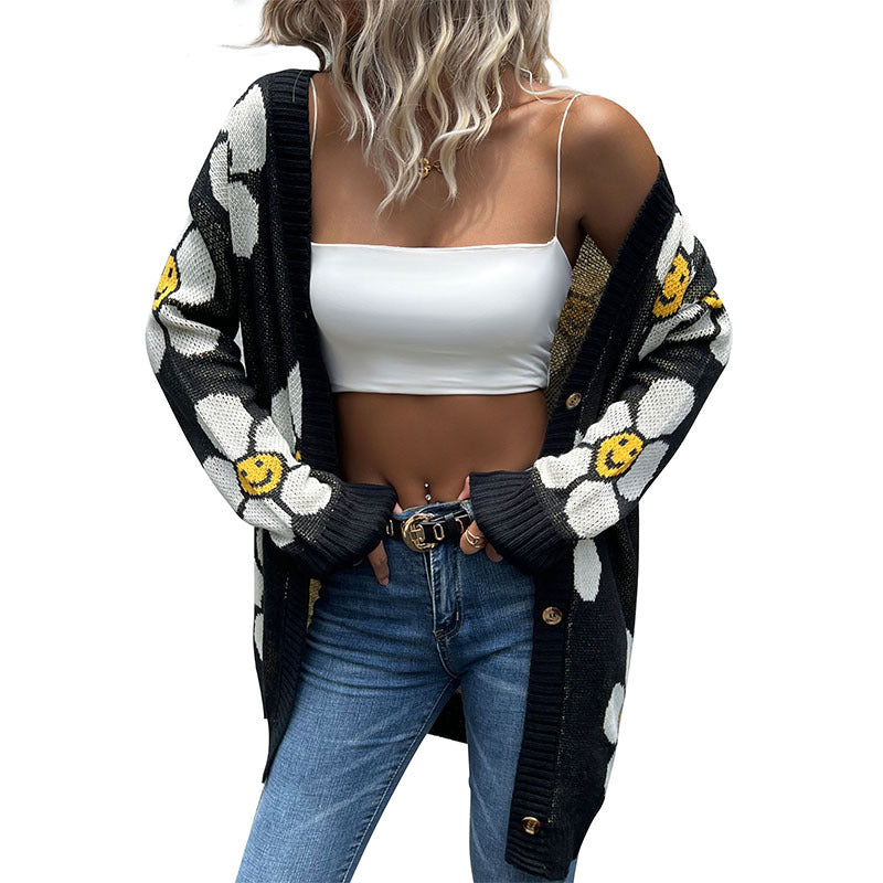 Autumn and Winter Fashion Women's Floral Long Sleeve Sweater Cardigan