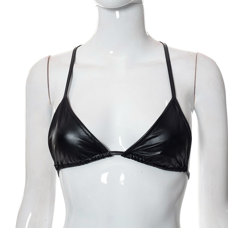 Women's Summer New Pu Leather Halter Halter Sexy Bra Swimsuit Vest T-Shirt Top