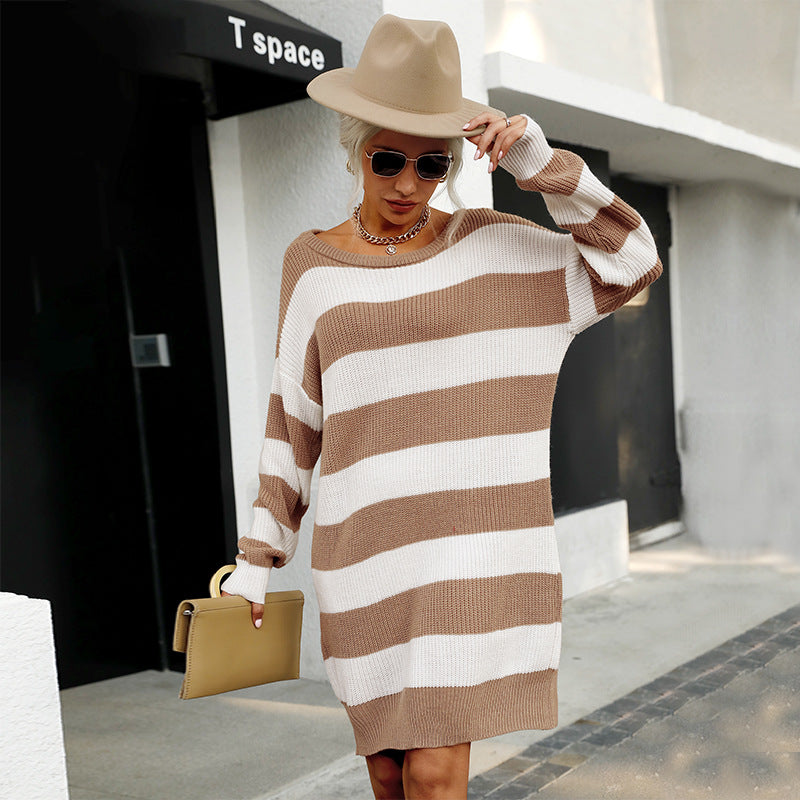 Knitted Casual Long-Sleeved Striped Sweater Dress