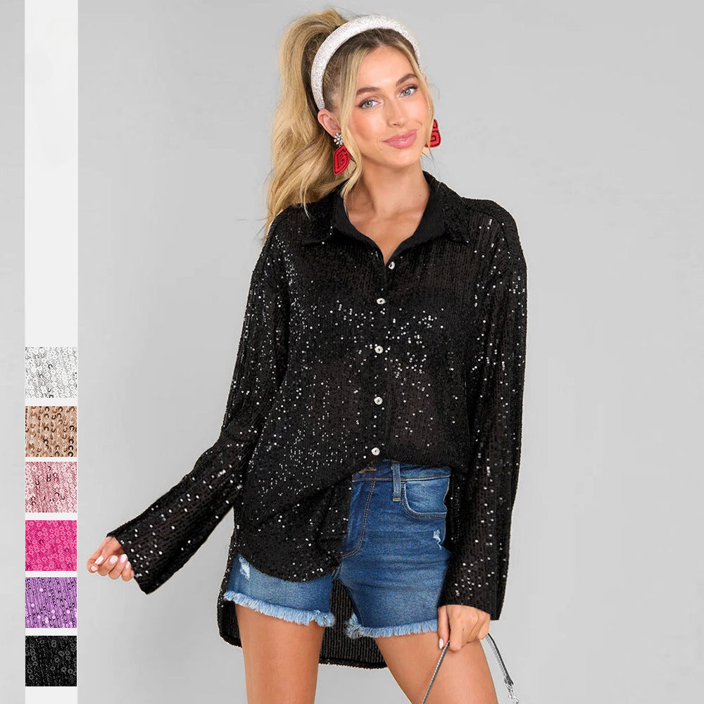 Autumn Beaded Shirt Sexy Women Spice Girls Solid Color Button Up Top Long Sleeve Sequin Cardigan
