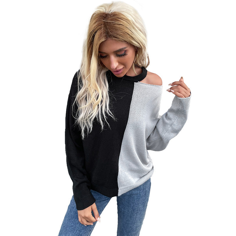 Fashion Women's Casual Long-Sleeved Match Color Hollow Sweater Female Autumn Pullover