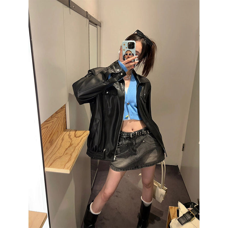 Brown Leather Coat Women Spring And Autumn New American Retro Senior Design Sense Of Niche Motorcycle Couple Jacket