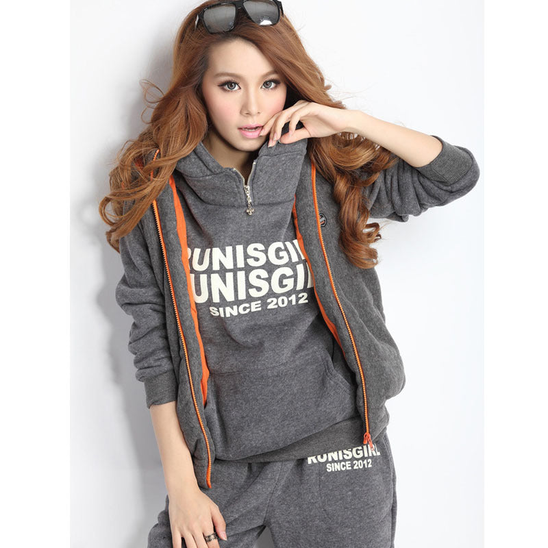 Autumn Winter Women's Fashion Leisure Suit With Hat Fleece Thick Hoodie Three-Piece Set