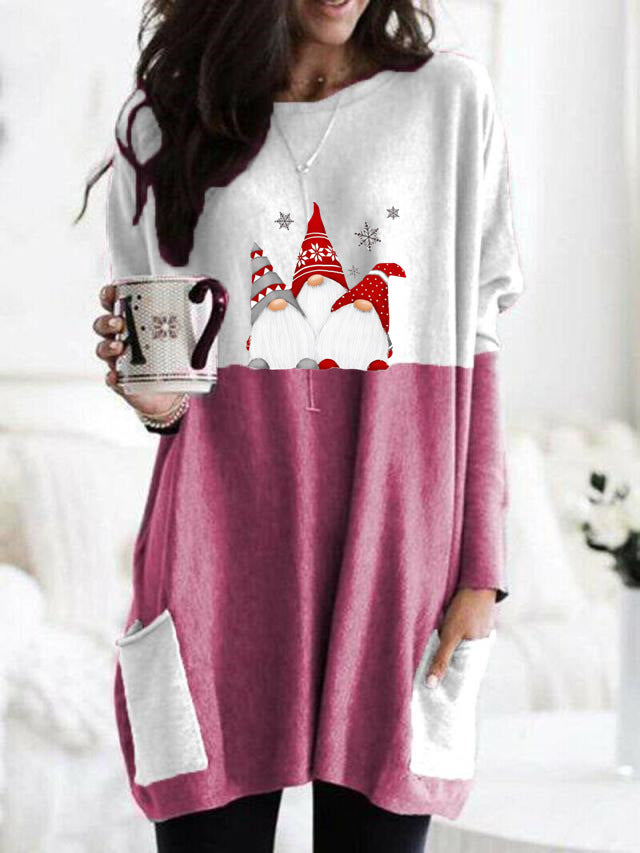 Christmas Printing New Long-Sleeved Color Casual Pocket T-Shirt Shirt Women's Clothing