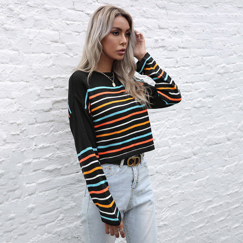 Women's Autumn Knitted Pullover Striped Long-Sleeved Crewneck Bottom Sweater Woman