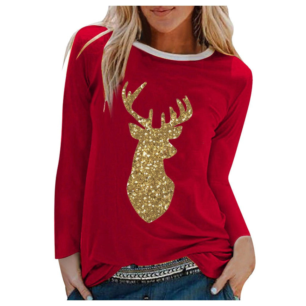 Cross Fall New Ladies Christmas Sequined Antler Print Ladies Fresh Sweet Long Sleeve T-Shirt