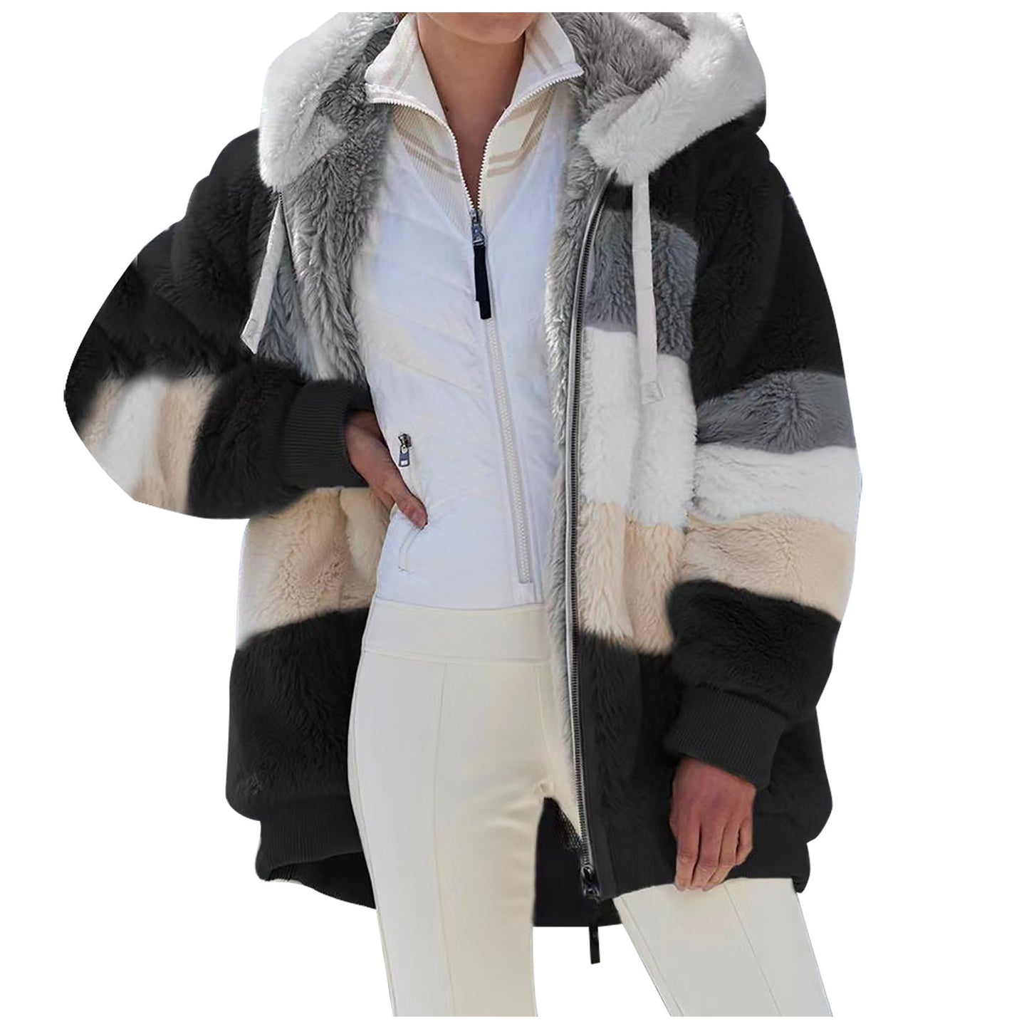 Autumn/Winter Warm Plush Patchwork Zipper Pocket Hooded Loose Coat For Women