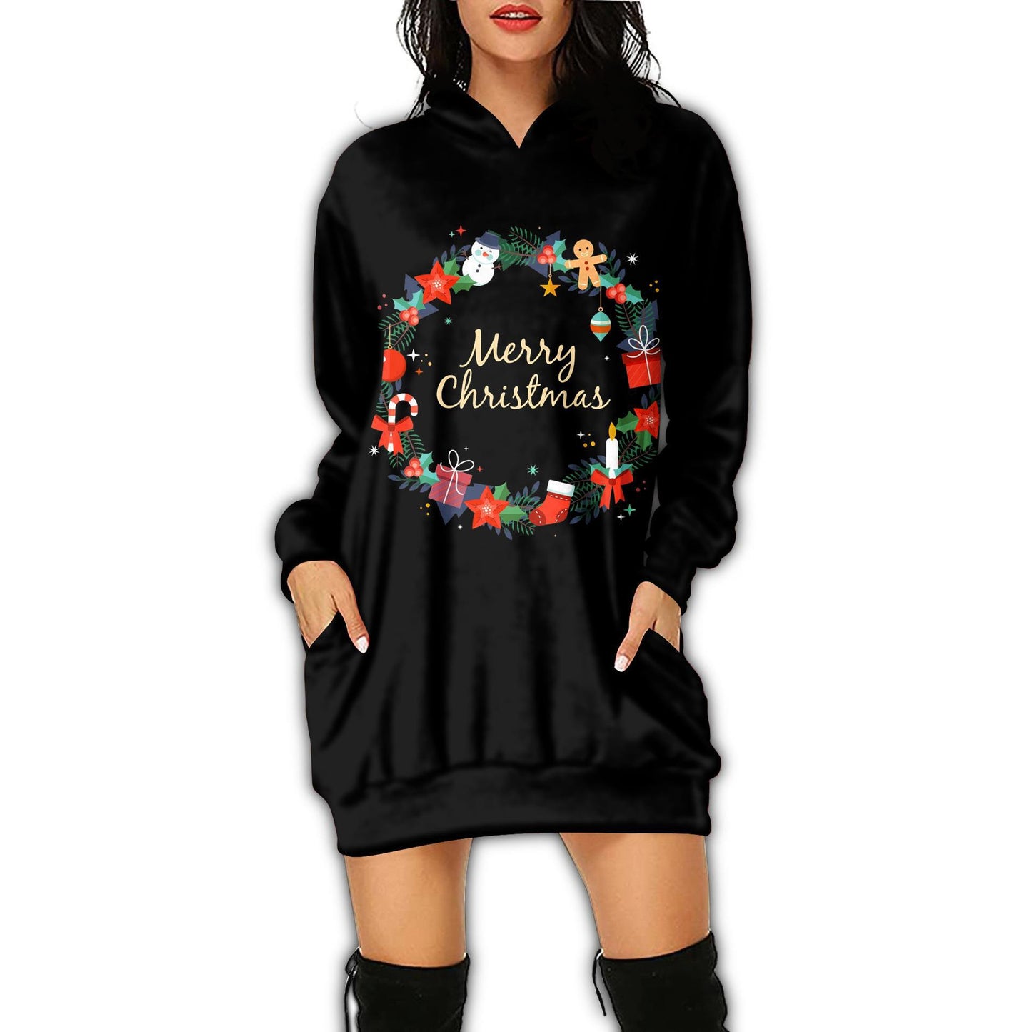 Autumn Women's Print Casual Long-Sleeved Hoodie Dress Christmas Holiday Party Dress