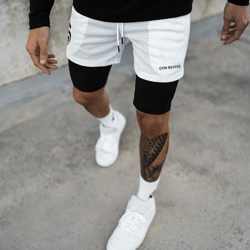 Fitness Shorts Men's Quick Drying Outdoor Sports Large Size Double-Lined Mesh Five Quarter Pants