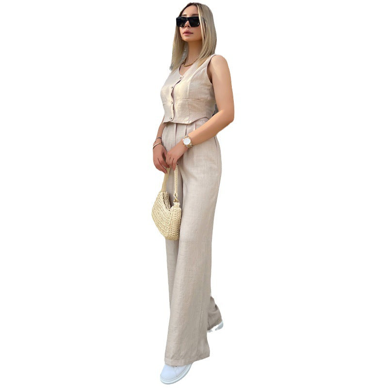 Women's Solid Color Sleeveless Vest V-Neck Short Summer Jacket And Trousers Two-Piece Set