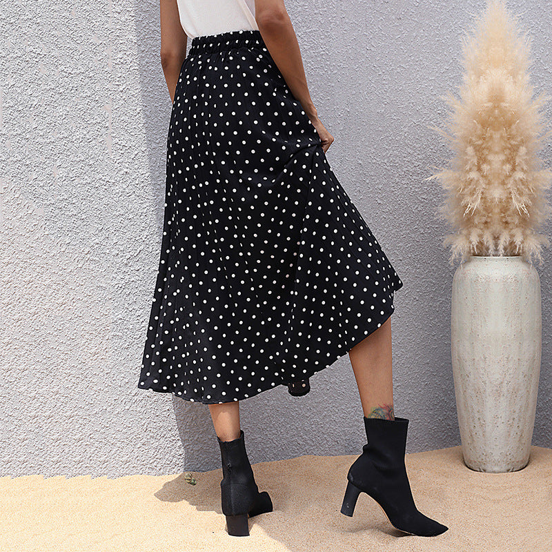 New Pleated Skirt Slimming Mid-Length Polka Dot Black Skirt