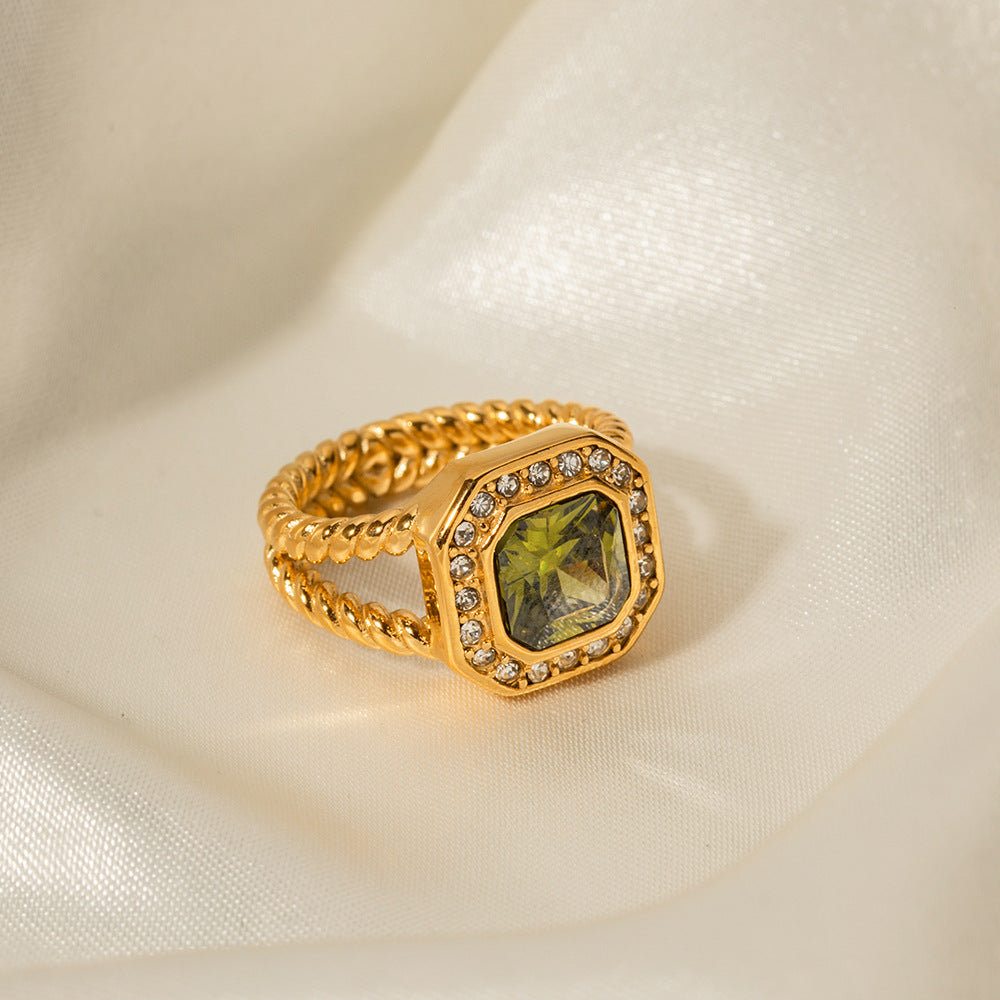 5pcs Niche Design Exaggeration Style 18K Double Octagon Olive Green Zircon Twist Ring Does Not Fade Jewelry