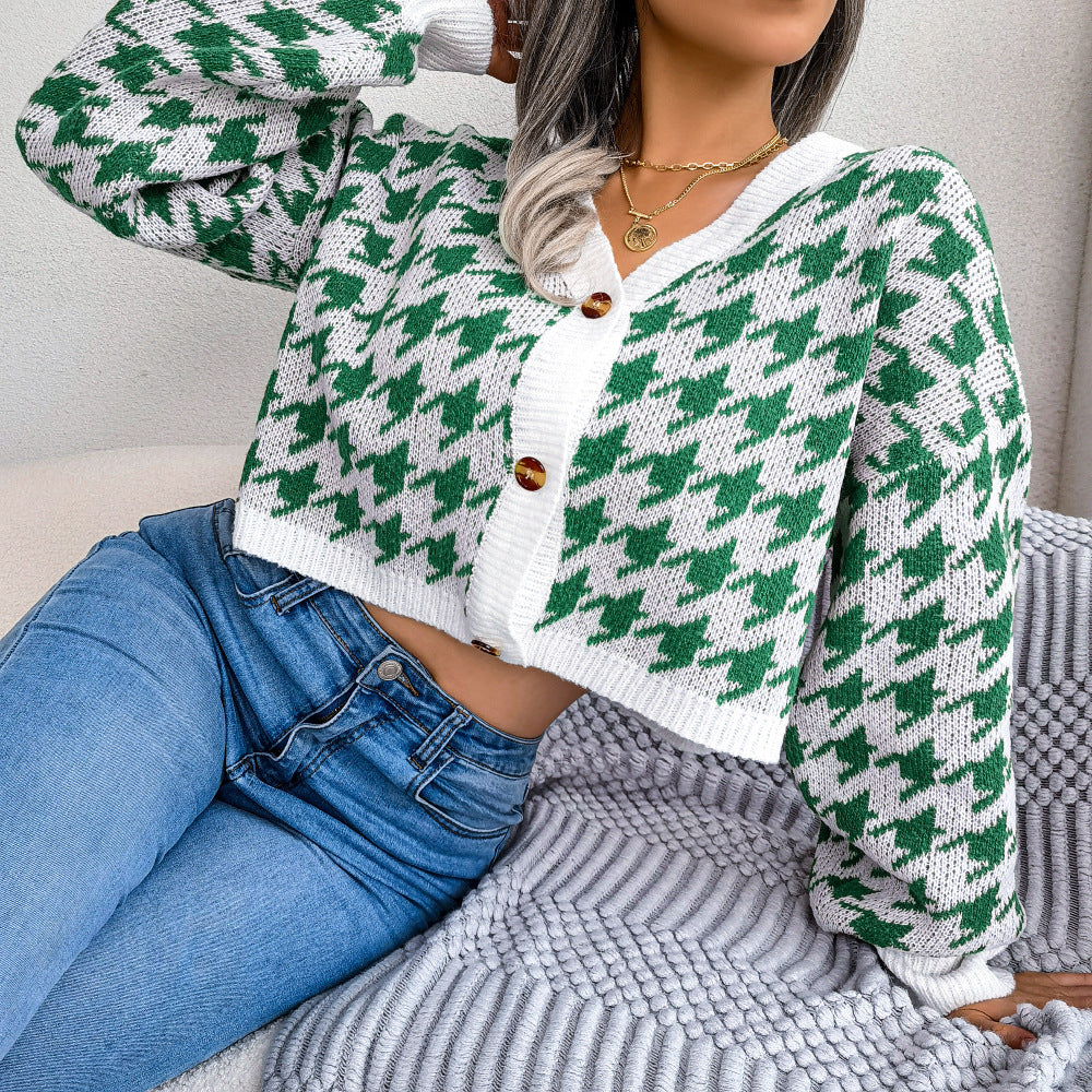 New Autumn And Winter Leisure Lantern Long Sleeve Thousand Bird Check Cardigan Sweater Coat Women's Wear