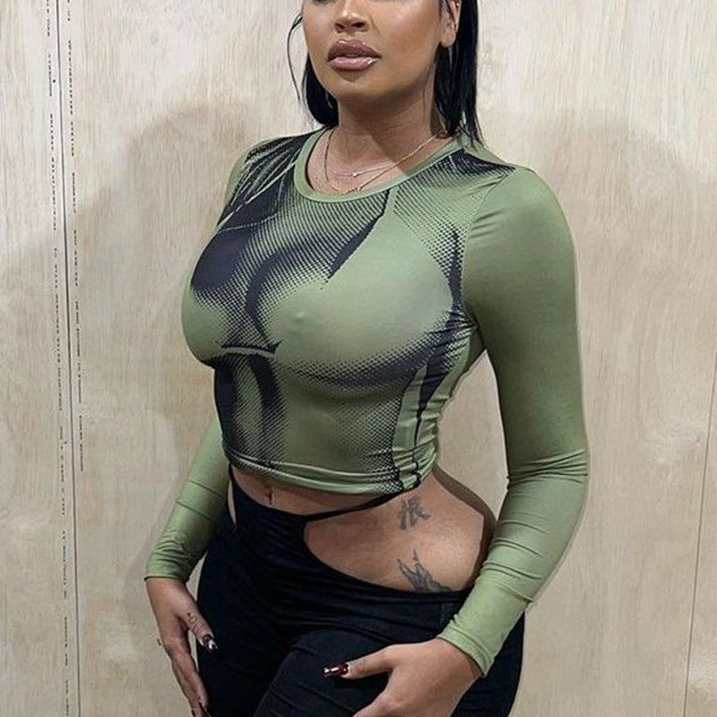 Personality Trend Sexy Short Women's Print Round Neck Slim Long Sleeve T-Shirt Large Size Fat Mm Tight Top