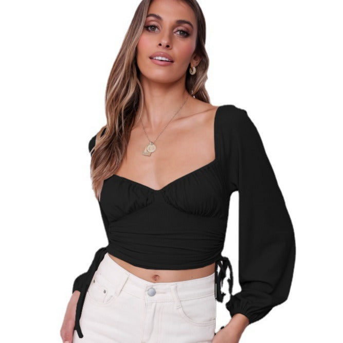 New Solid Color Sexy Square Neck Backless Autumn Drawstring Bm Top Fashion Lantern Sleeve Ribbed T-Shirt