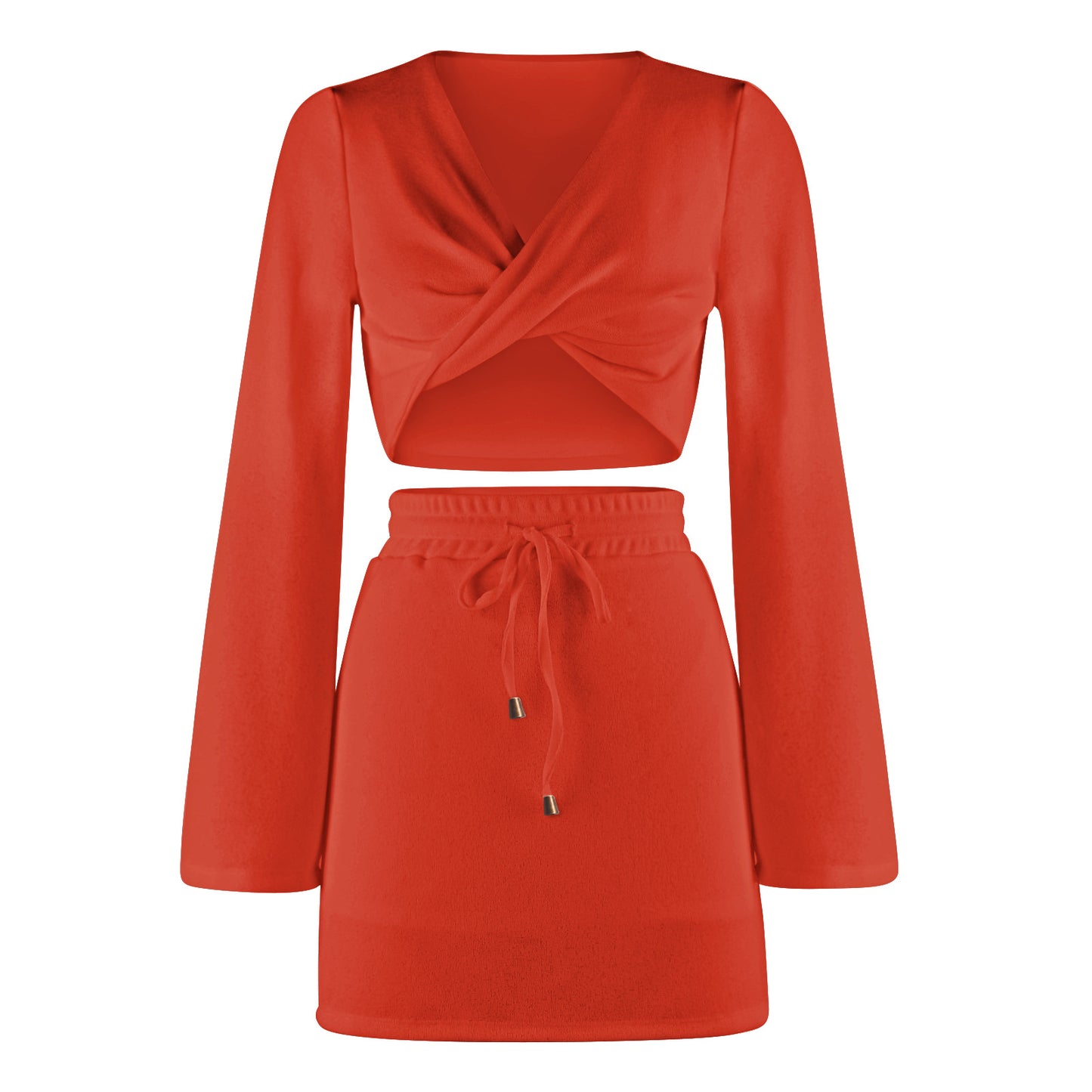 Solid Color Women's Fashion Kink Long Sleeve V-Neck Sexy Top Draw Rope Skirt Autumn Suit