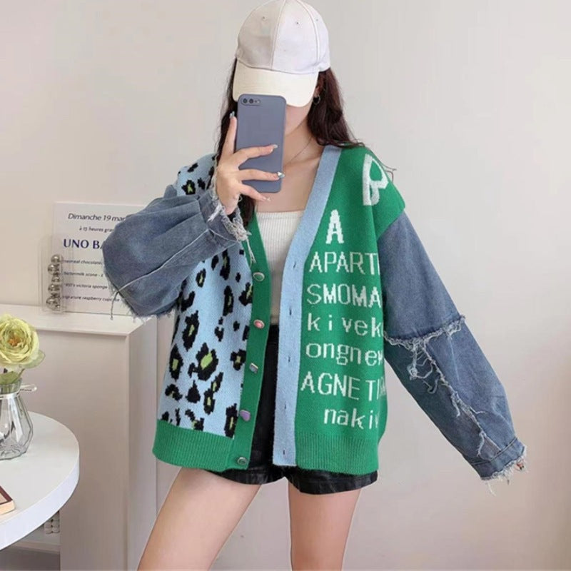 Sweater Girl Denim Splicing Leopard Print Jacquard Autumn And Winter New Style Color Contrast Loose Lazy Knit Cardigan Coat