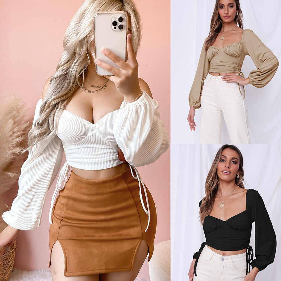 New Solid Color Sexy Square Neck Backless Autumn Drawstring Bm Top Fashion Lantern Sleeve Ribbed T-Shirt