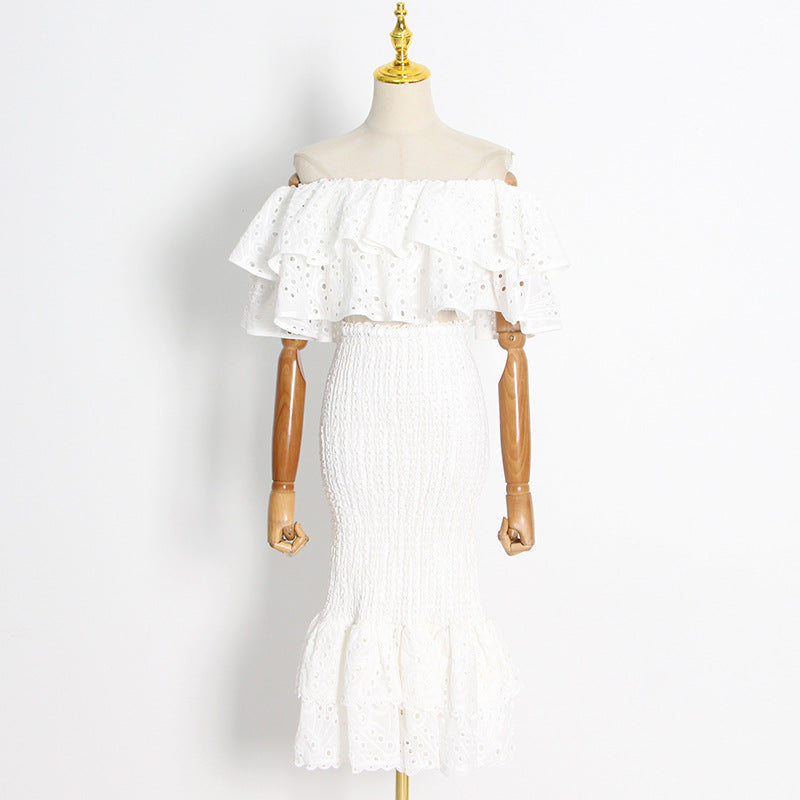 Seaside Holiday Fashion Casual Suit Women's Autumn Ruffled Irregular Shirt + High Waisted Fishtail Skirt Suit