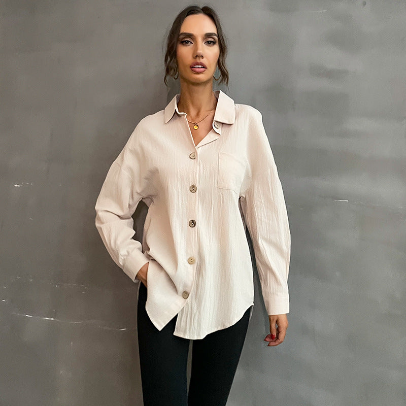 Early Autumn Fashion Casual Long Shirt Lapel Long Sleeve Solid Color Shirt
