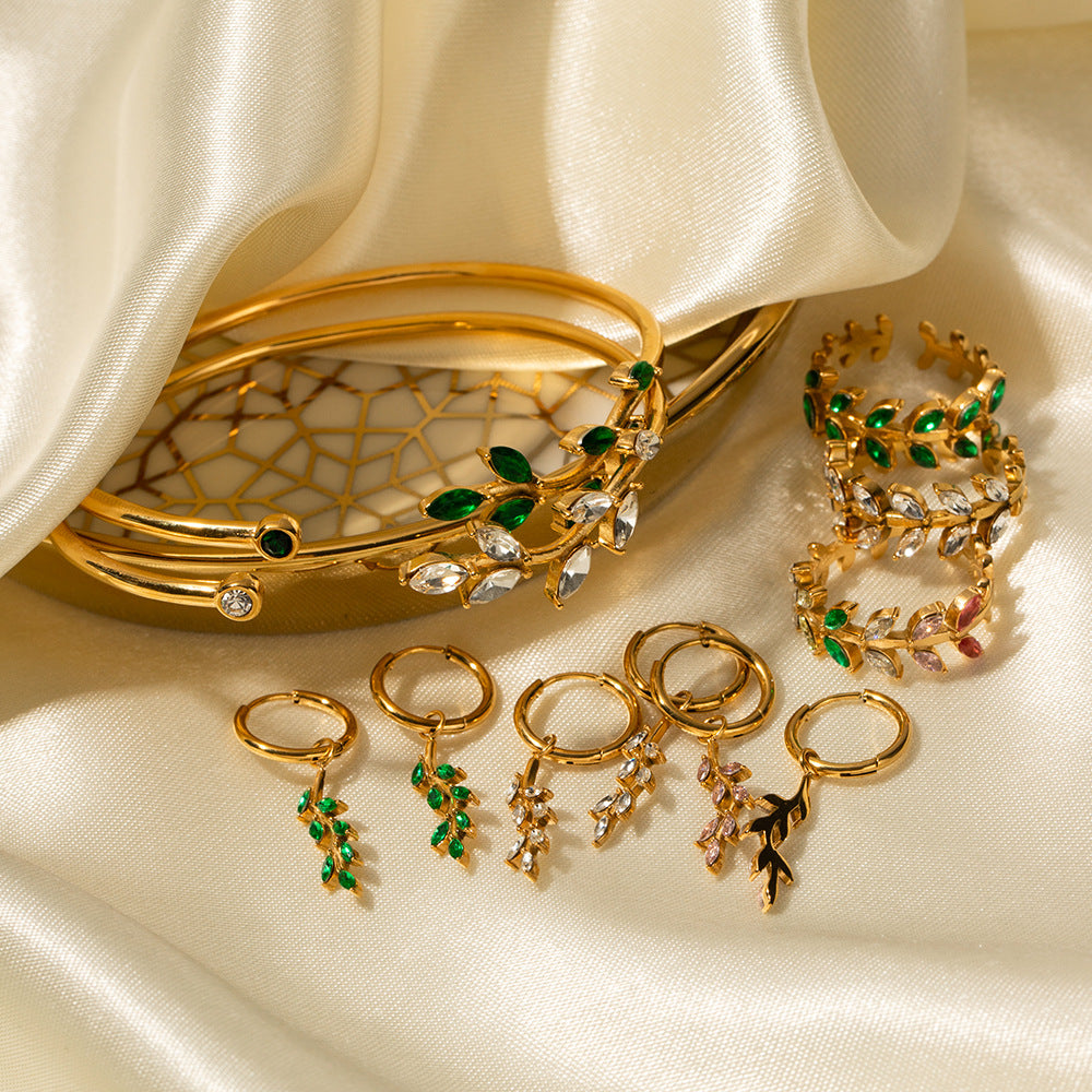 5pcs New Titanium Steel Ring 18K Gold Stainless Steel Leaf Shape Inlaid With Colored Zircon Ring Jewelry