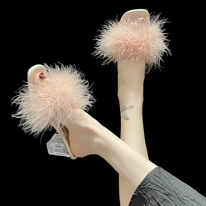 Female Summer New Korean Version Of Woolly Coarse Sandals Flip-Flops Open Toe To Wear High-Heeled Slippers