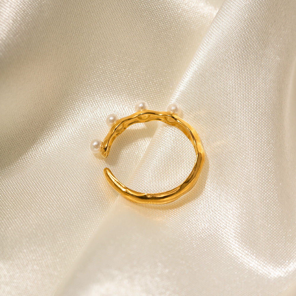 5pcs 18K Gold Stainless Steel Set With Five Pearl Open Ring Does Not Fade Ring