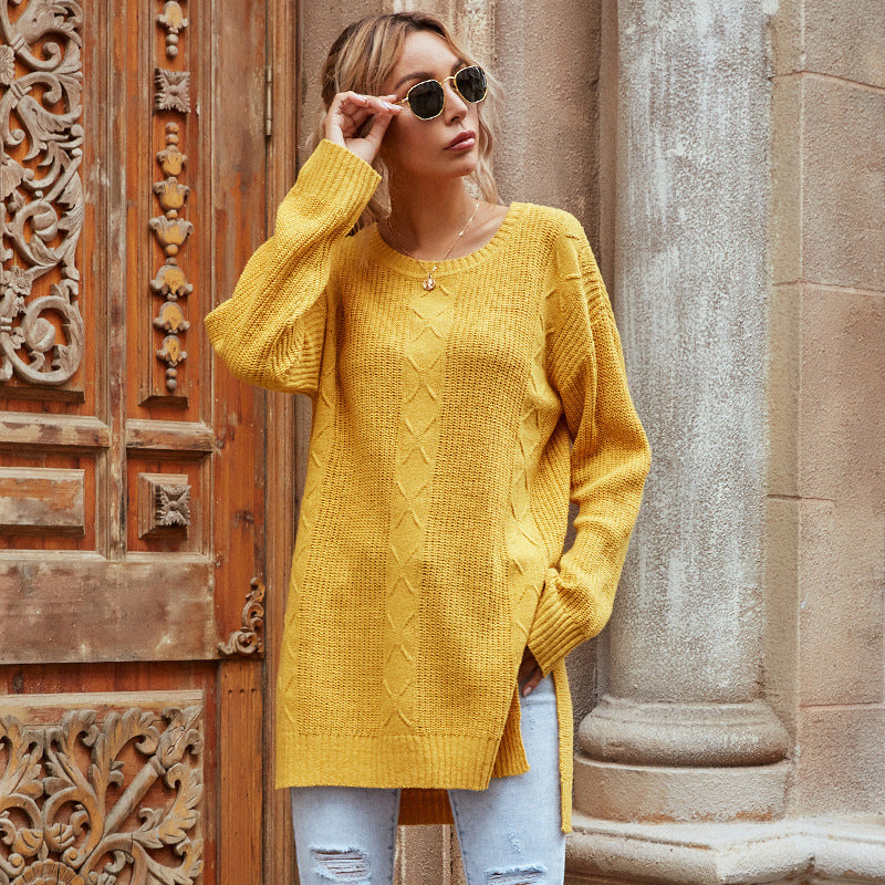 Autumn Round Neck Solid Color Twist Flower Fork Knit Bottom Sweater Sweater Female