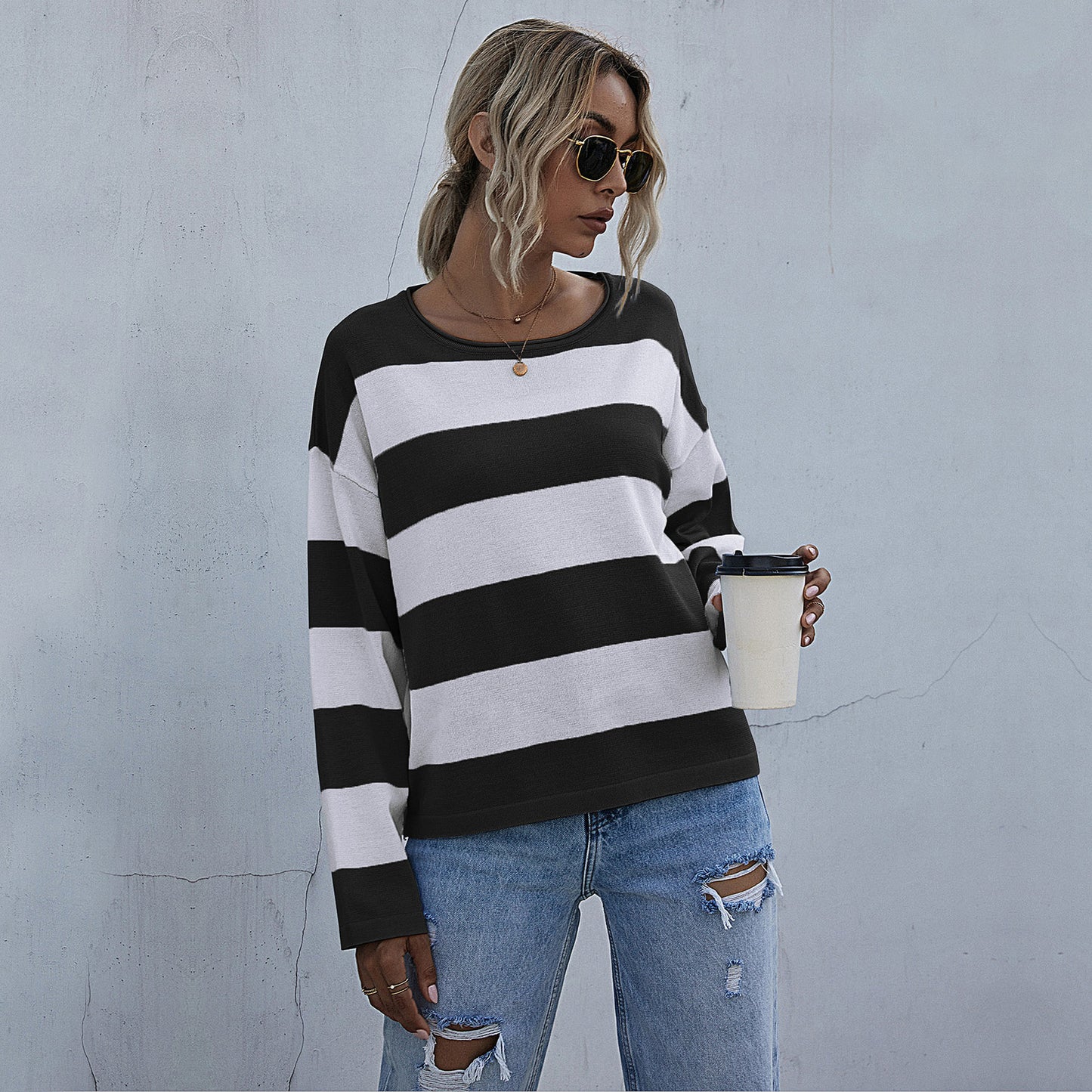 Stylish Women's Loose Crew Neck Striped Sweater