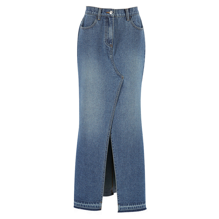 Summer Commute High-Waisted Slimming Split Blue Denim Skirt Skirt Vintage To Do Old Hip Wrap Skirt