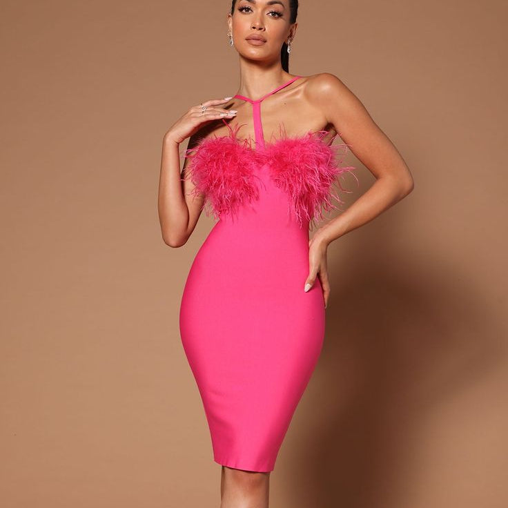Hot Summer Ostrich Wool Bandage Dress Fashion Halter Party