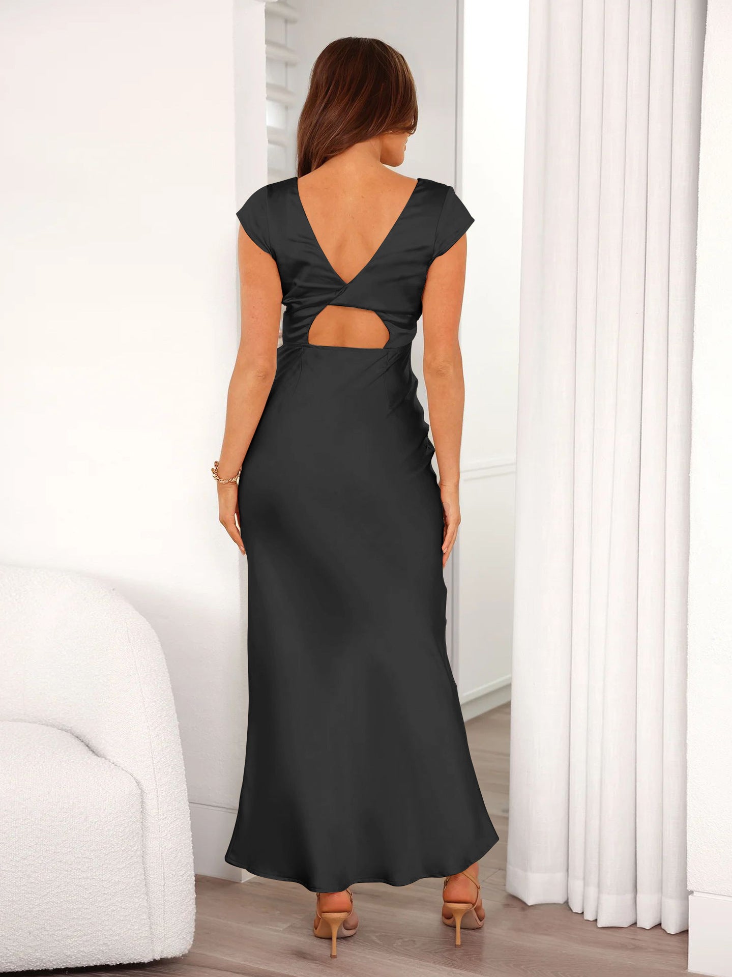 Acetic Slim-Fit Dress Women's Temperament Elegant Evening Dress Sexy V-Neck Hollow Toast Dress Bridesmaid Dress