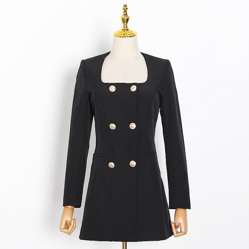 Spring New Fashion Retro Square Collar Long Sleeve Double Breasted Design Suit Slimming Suit Dress