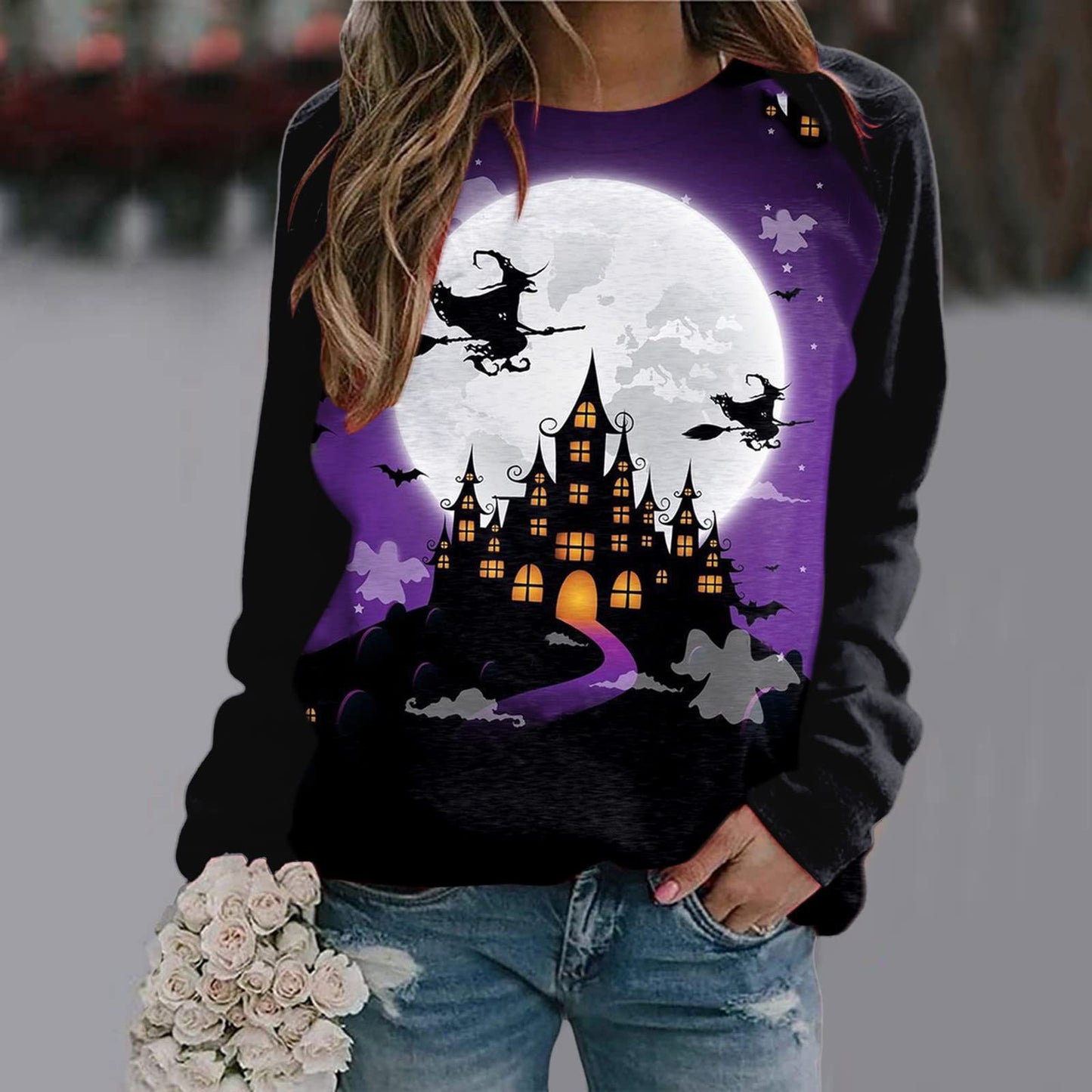 New Women's Halloween Christmas Women's Clothing 3D Three-Dimensional Printed Castle Dark Round Neck Hoodie
