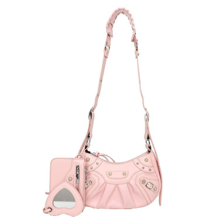 New Underarm Bag Female Retro Rivet Motorcycle Bag Fold Moon Tooth Mother Single Shoulder Crossbody Bag Female