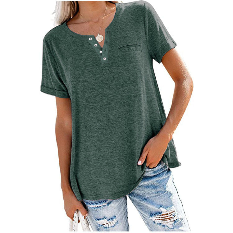 Spring And Summer New Top V-Neck Short Sleeve Pocket Loose T-Shirt Woman