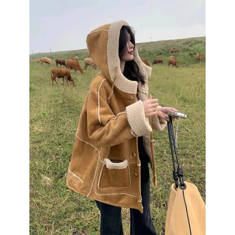 Deerskin Cashmere Lamb Coat Women's New Winter Cashmere And Thick Fur One Hooded Motorcycle Cotton Coat