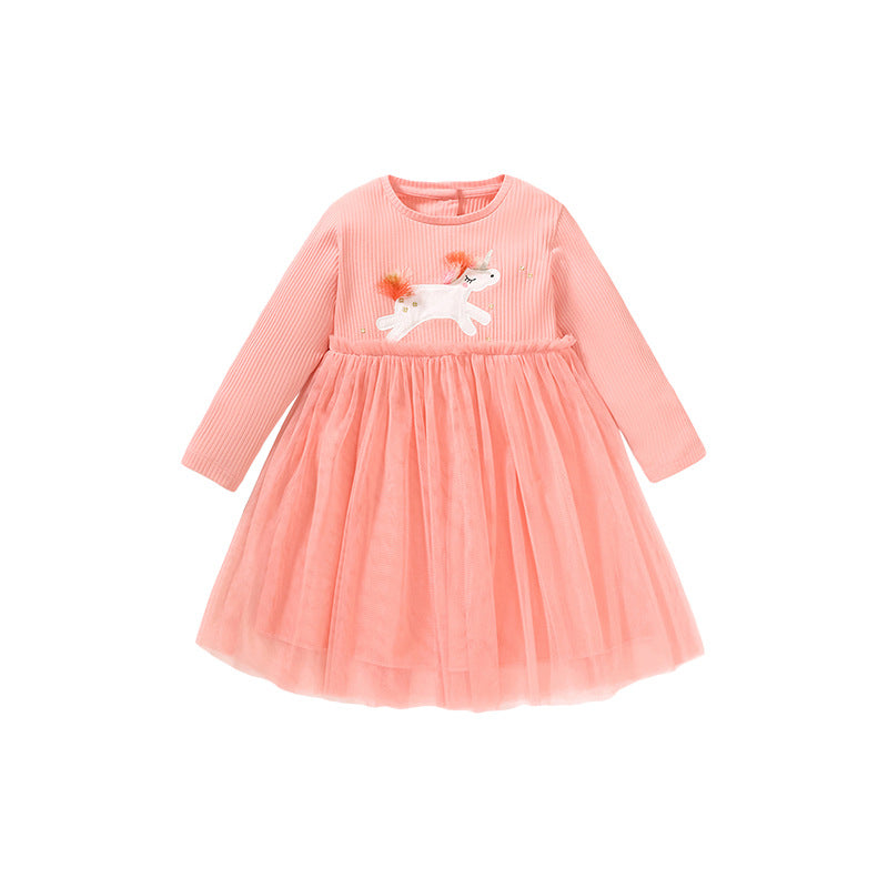 New Mesh Girls Dress Autumn Long-Sleeved Children's Princess Dress Cotton Children's Dress