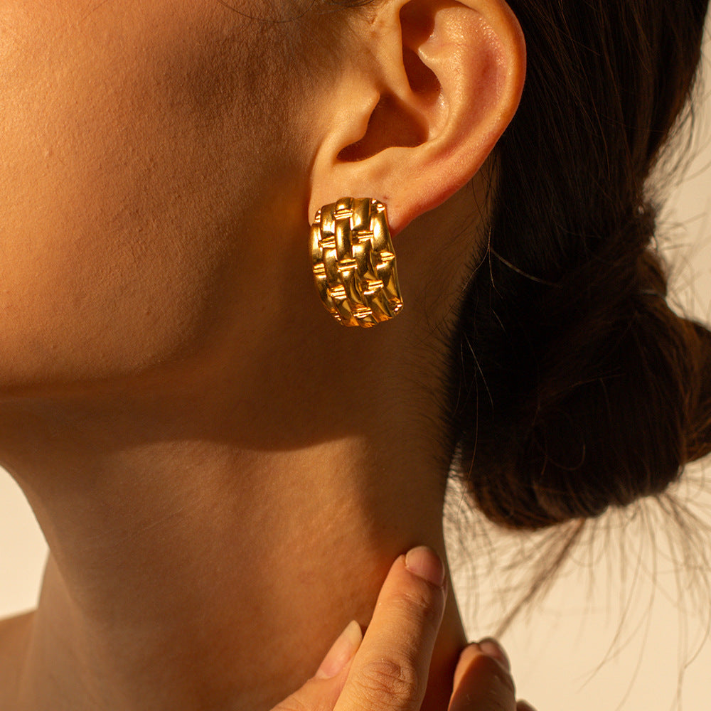 5pcs 18K Gold Stainless Steel Texture Exaggerated Earrings Women's Fashion All Matching Earrings Accessories