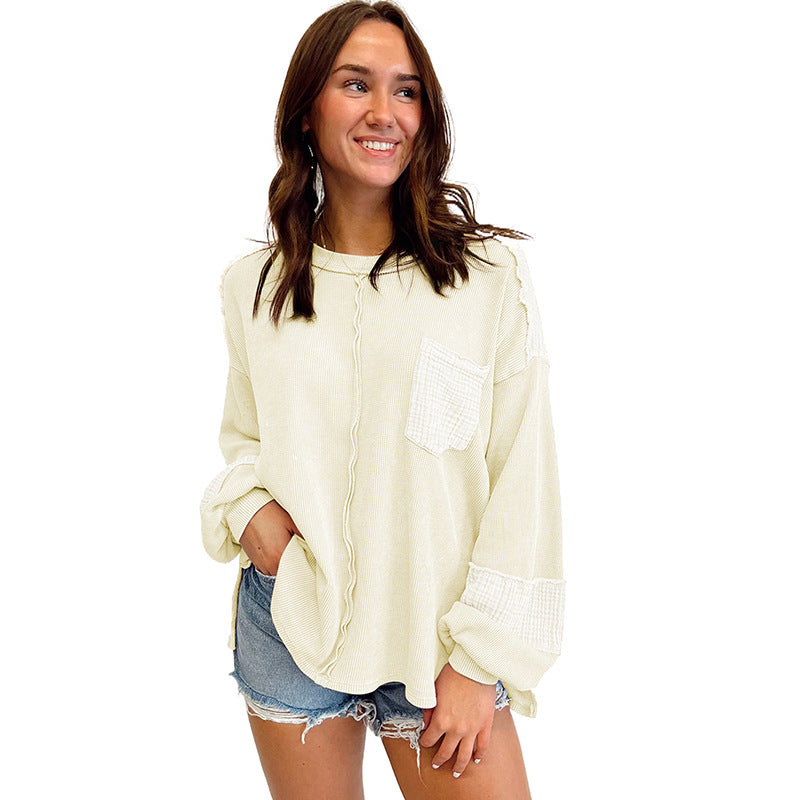 Autumn New Open Seam Patchwork Waffle Sweatshirt Women Casual With All Round Neck Pullover Women